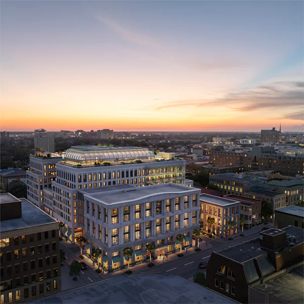 aerial view of Four Seasons Hotel and Residences in Charleston, SC designed by Morris Adjmi Architects